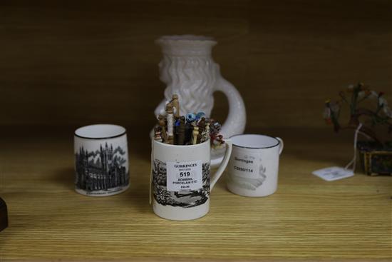 A collection of bone and wooden bobbins, New Hall porcelain etc.